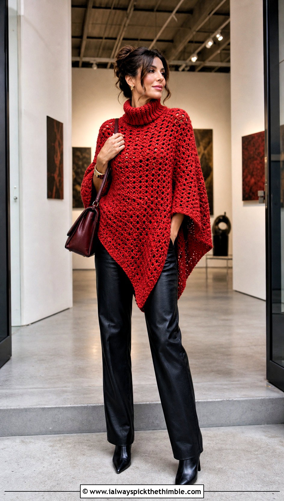 Turtleneck Crochet Poncho With Leather Pants - 25 crochet ponchos outfit ideas