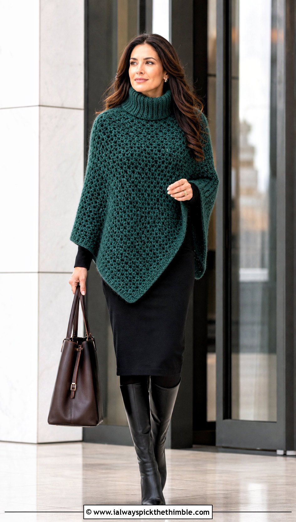 Turtleneck Crochet Poncho With Pencil Skirt - 20 Easy Simple Crochet Poncho outfit ideas