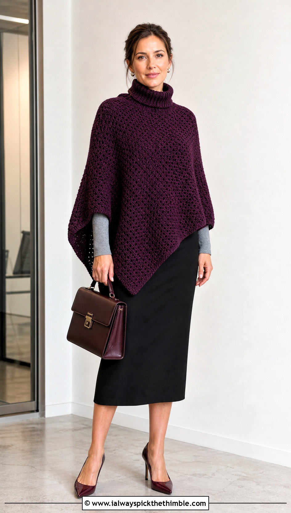 Turtleneck Crochet Poncho With Pencil Skirt - 20 ladies crochet poncho outfit ideas