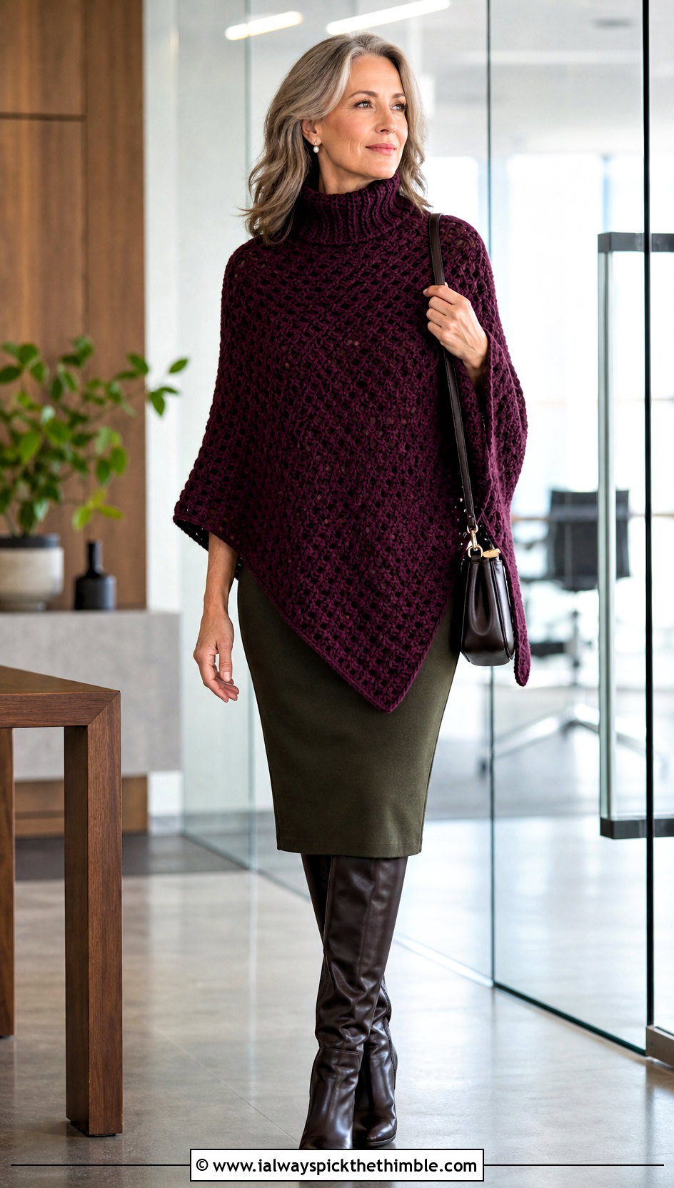 Turtleneck Crochet Poncho With Pencil Skirt And Boots - 25 crochet poncho outfit ideas