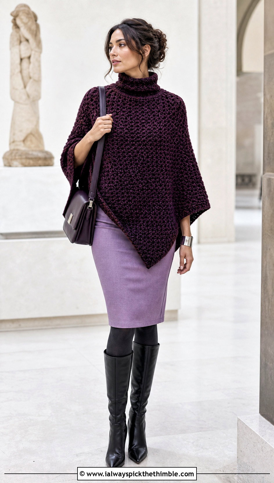Turtleneck Crochet Poncho With Pencil Skirt - 15 Modern Crochet Poncho outfit ideas