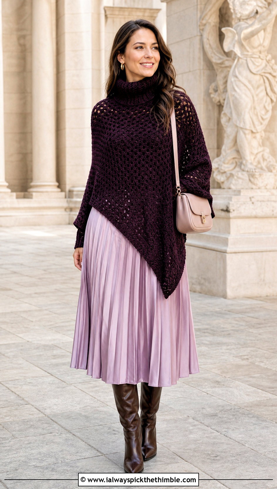 Turtleneck Crochet Poncho With Pleated Midi Skirt - 15 Crochet Womens Poncho outfit ideas