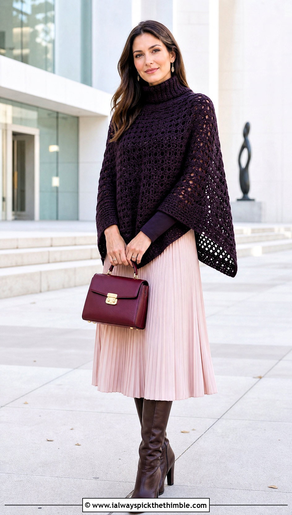 Turtleneck Crochet Poncho With Pleated Midi Skirt - 15 Easy Crochet Ponchos outfit ideas