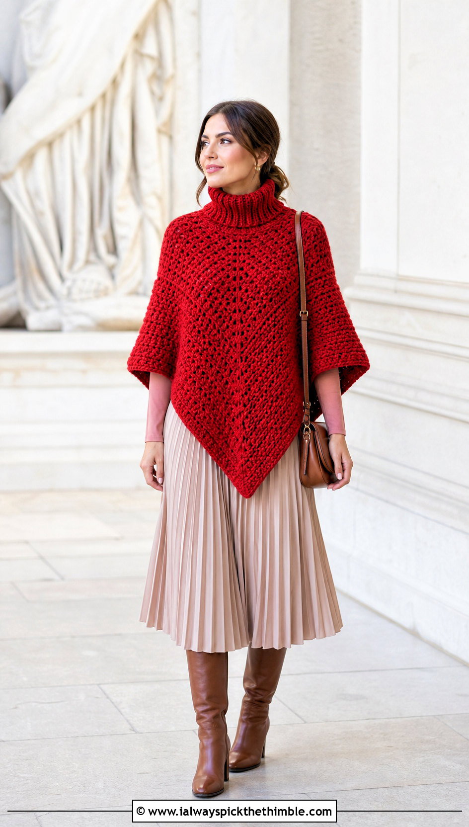 Turtleneck Crochet Poncho With Pleated Midi Skirt - 15 Quick Crochet Poncho outfit ideas