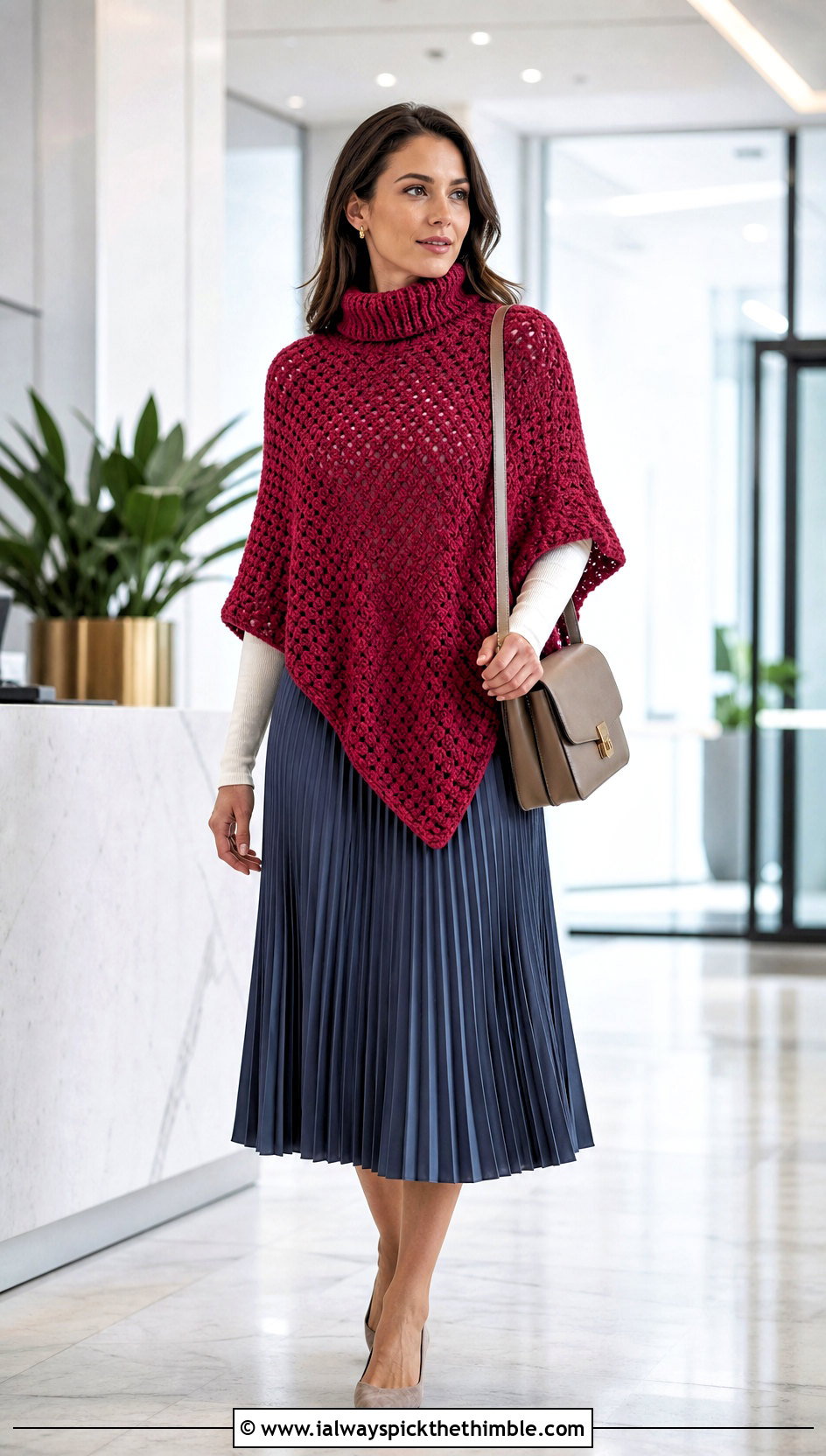 Turtleneck Crochet Poncho With Pleated Midi Skirt - 25 crochet poncho woman outfit ideas