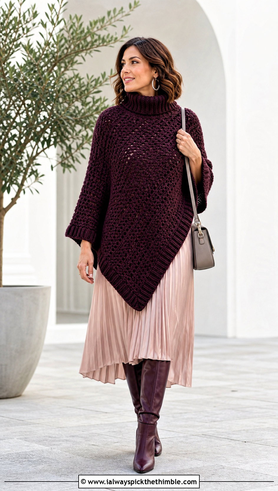 Turtleneck Crochet Poncho With Pleated Midi Skirt - 15 Crochet For Ponchos For Women outfit ideas