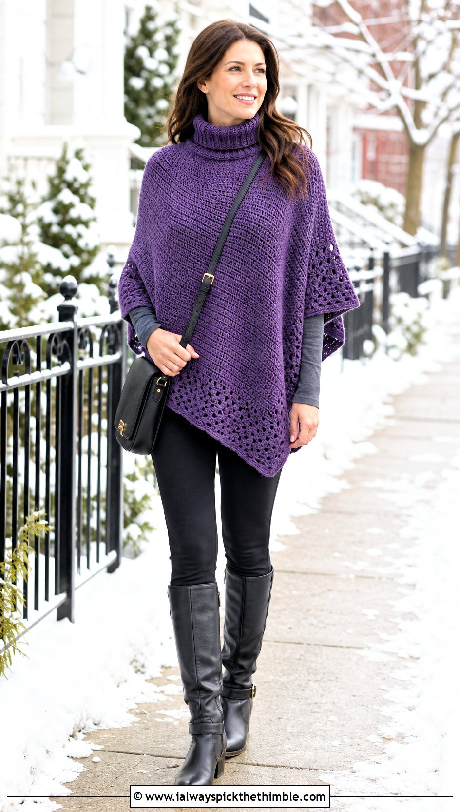 Turtleneck Crochet Poncho With Ponte Leggings - 20 Winter Crochet Clothes and outfit ideas