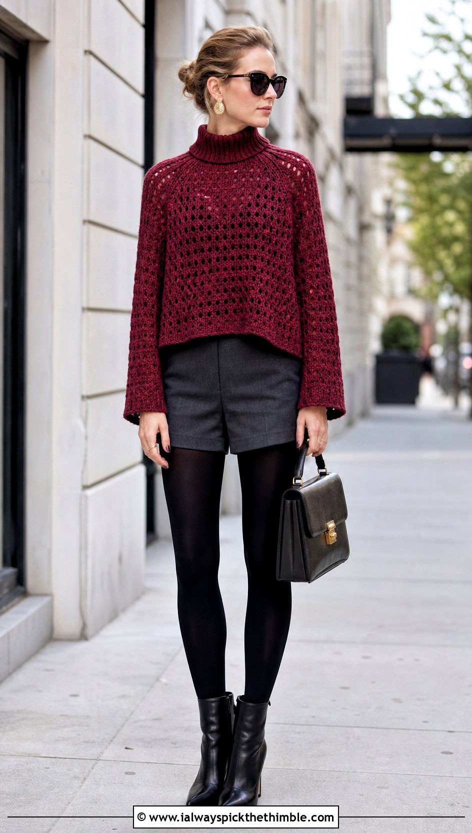 Turtleneck Crochet Poncho With Sleeves And Tailored Shorts - 20 crochet poncho with sleeves outfit ideas