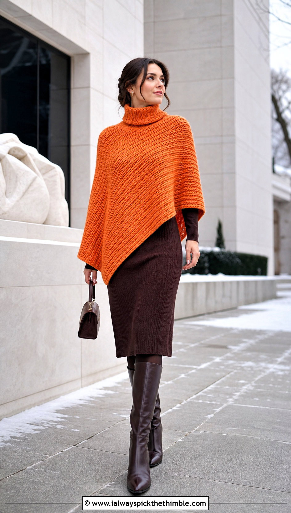 Turtleneck Crochet Poncho With Sweater Dress - 15 Winter Crochet Poncho outfit ideas