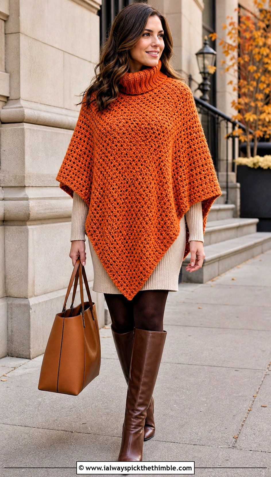 Turtleneck Crochet Poncho With Sweater Dress - 25 easy crochet poncho outfit ideas