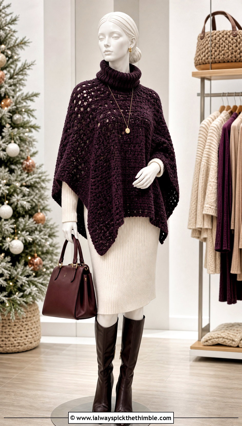 Turtleneck Crochet Poncho With Sweater Dress - 15 crochet poncho on mannequin outfit ideas