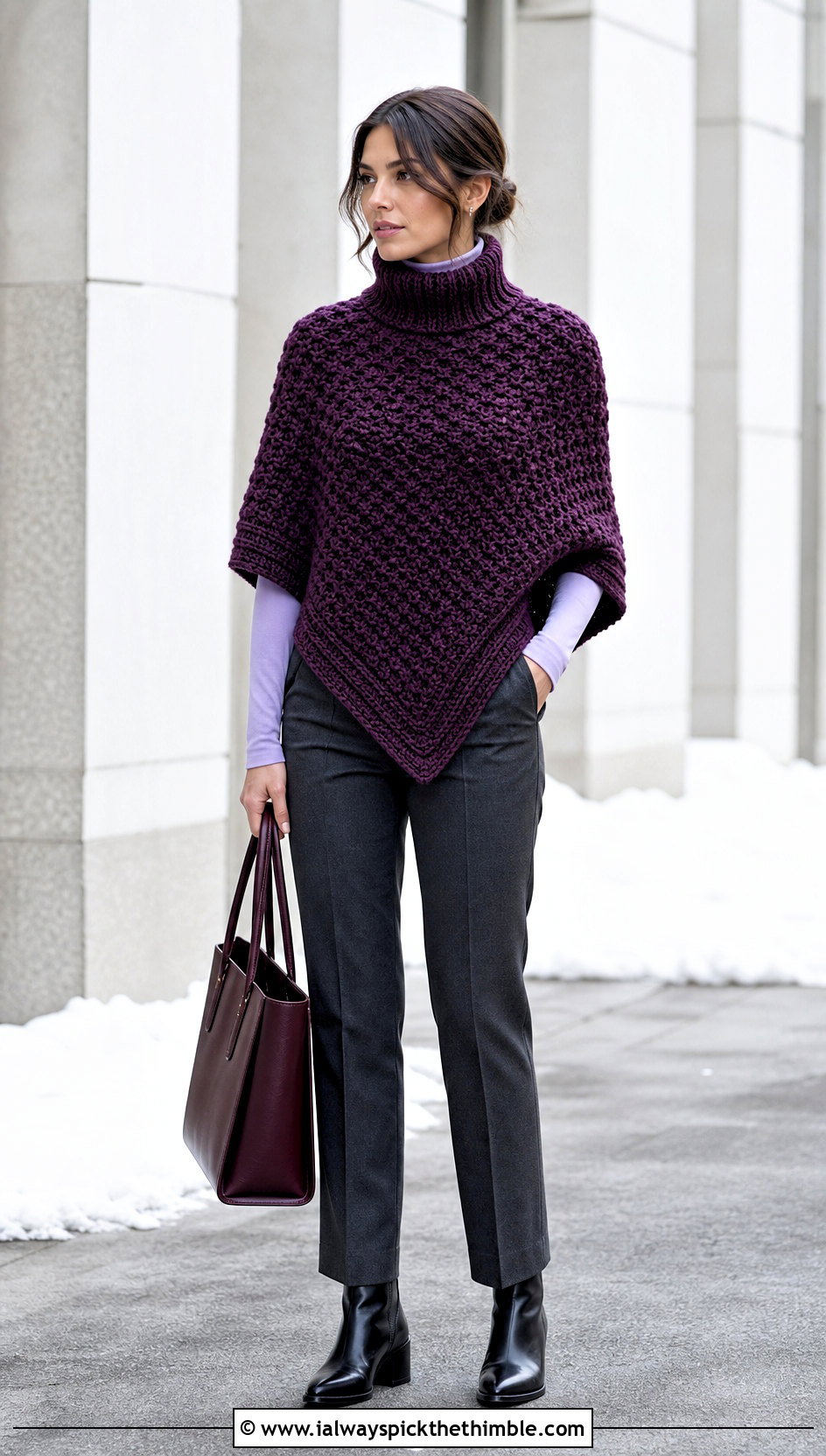 Turtleneck Crochet Poncho With Wool Trousers - 15 diy crochet poncho outfit ideas