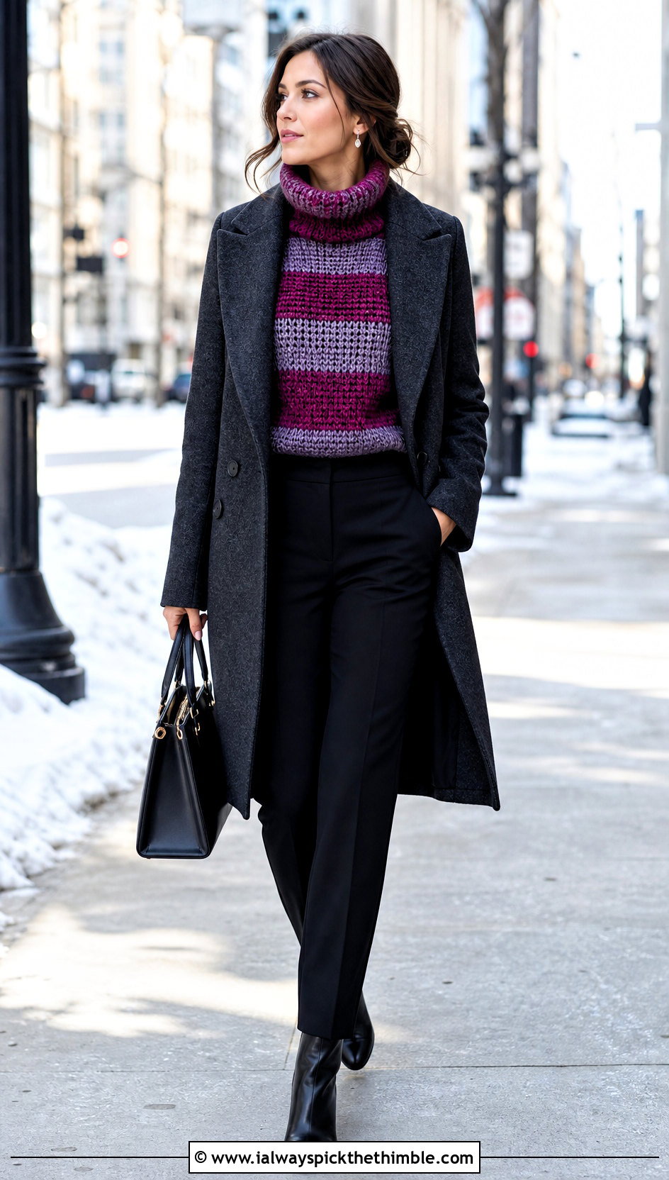 Turtleneck Crochet Striped Sweater With Wool Coat - 25 crochet striped sweater outfit ideas
