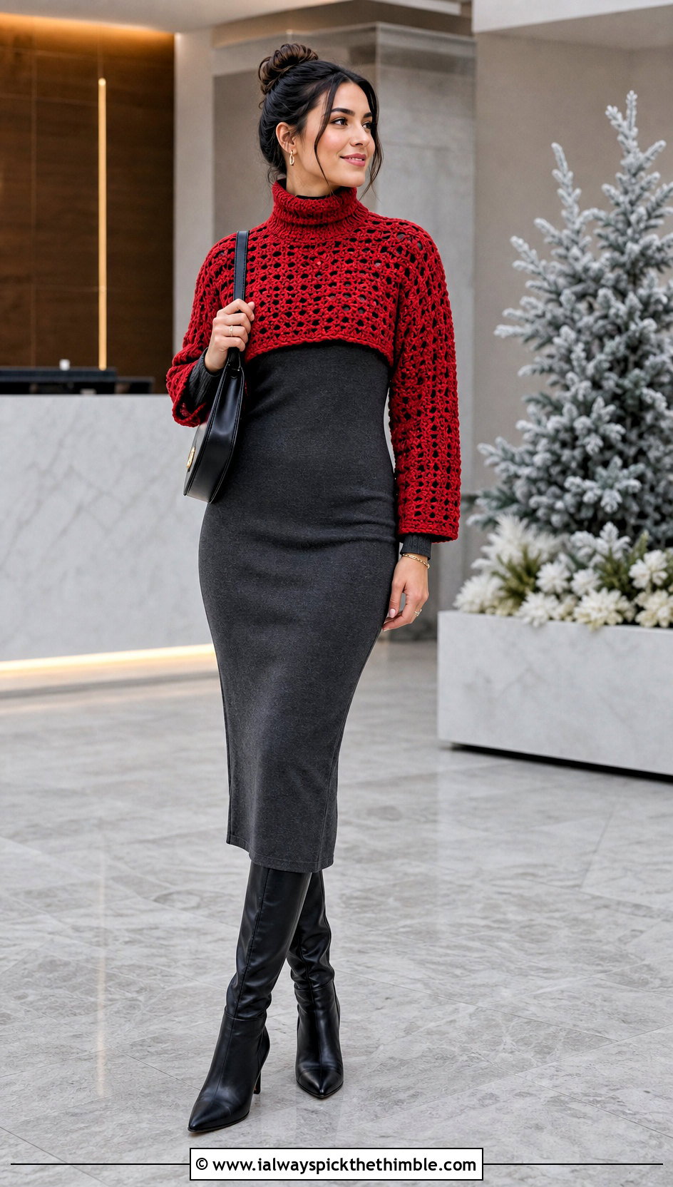 Turtleneck Crochet Super Cropped Sweater With Column Dress - 15 Crochet Super Cropped Sweater outfit ideas