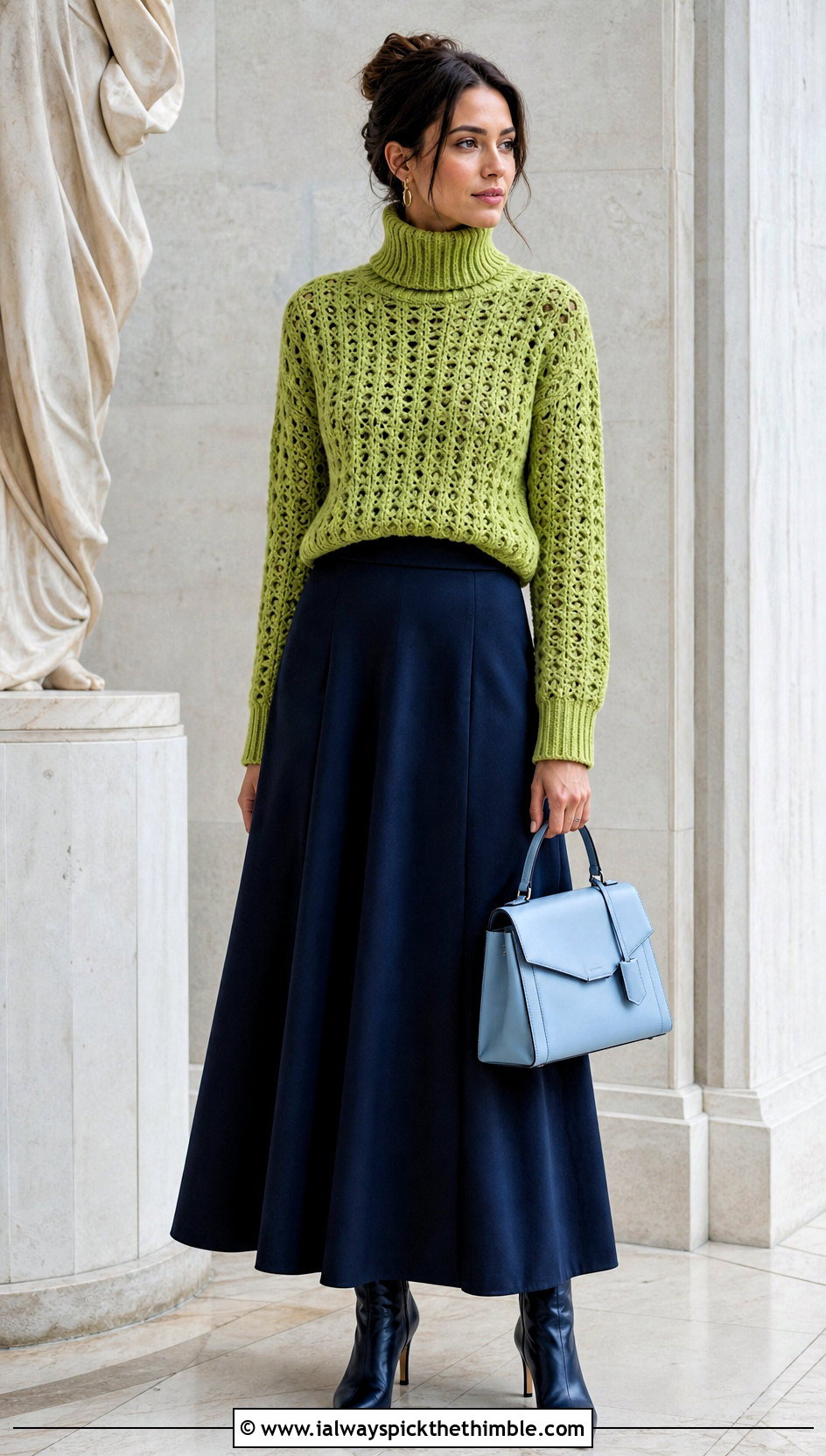Turtleneck Crochet Sweater With A Line Maxi Skirt - 25 crochet sweater women outfit ideas