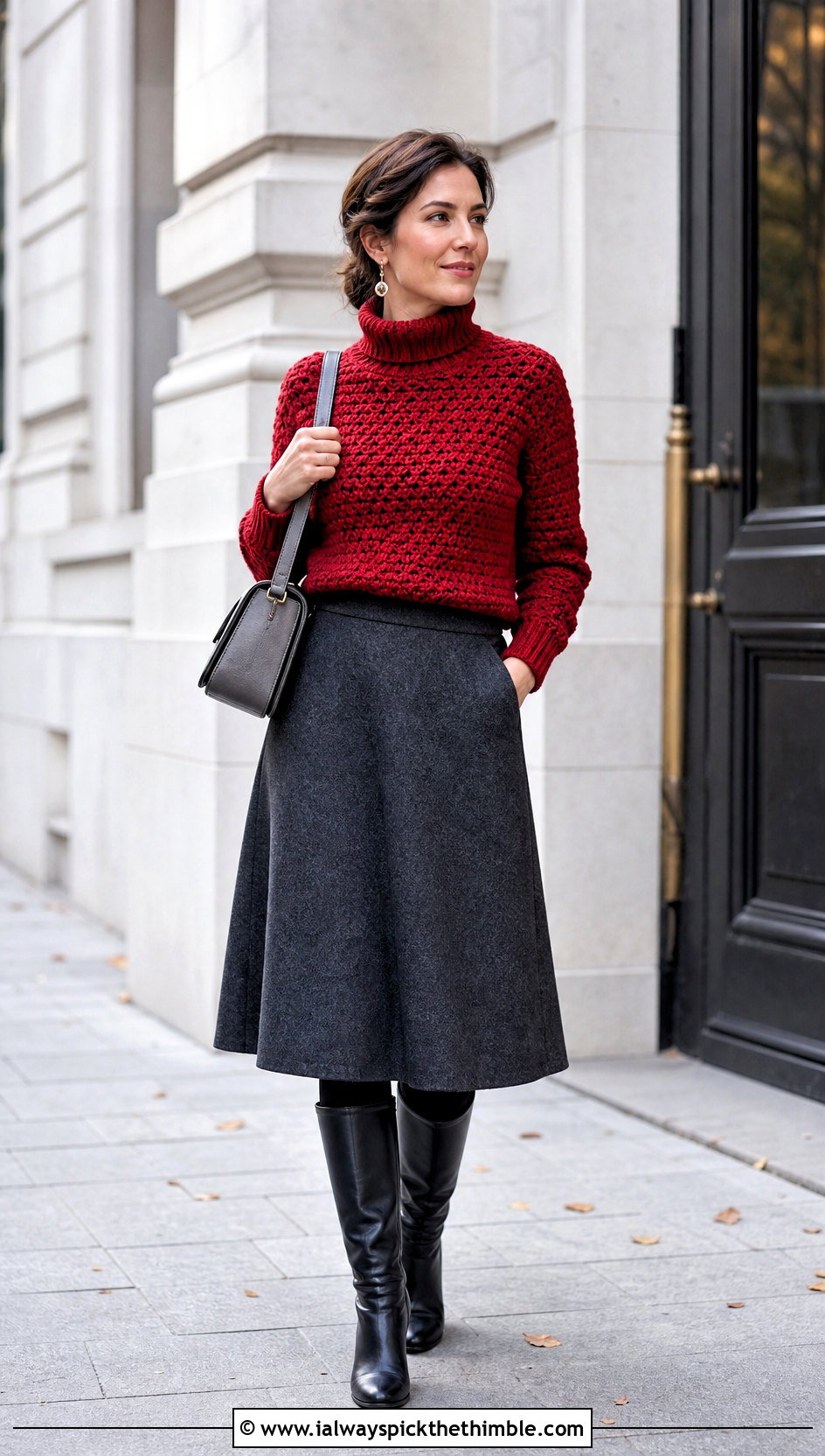 Turtleneck Crochet Sweater With A Line Midi Skirt - 20 Crochet For Sweaters For Women outfit ideas