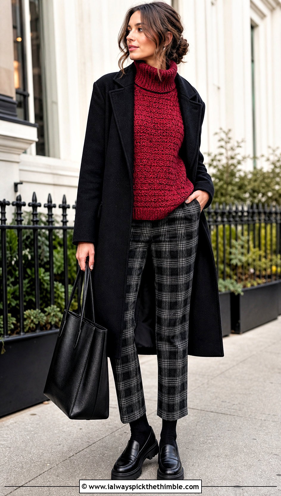 Turtleneck Crochet Sweater With Plaid Trousers - 20 goth crochet sweater outfit ideas