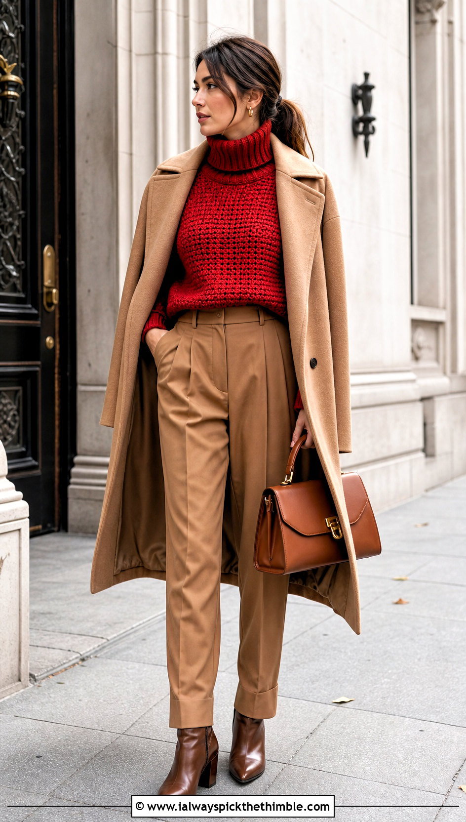 Turtleneck Crochet Sweater With Pleated Trousers - 25 crochet sweater for women outfit ideas