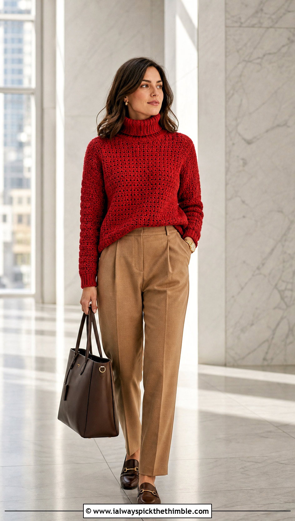 Turtleneck Crochet Sweater With Pleated Trousers - 20 Crochet Ladies Sweater outfit ideas