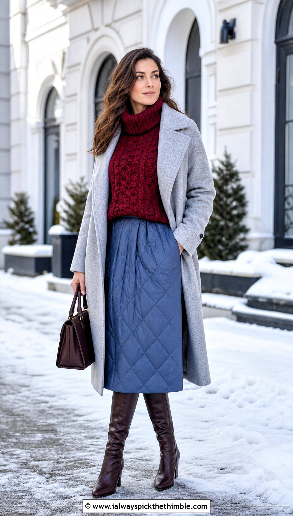 Turtleneck Crochet Sweater With Quilted Midi Skirt - 20 Crochet Textured Sweater outfit ideas