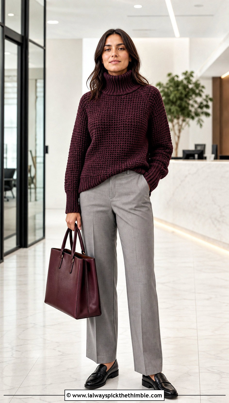 Turtleneck Crochet Sweater With Tailored Pants - 25 simple crochet sweater outfit ideas