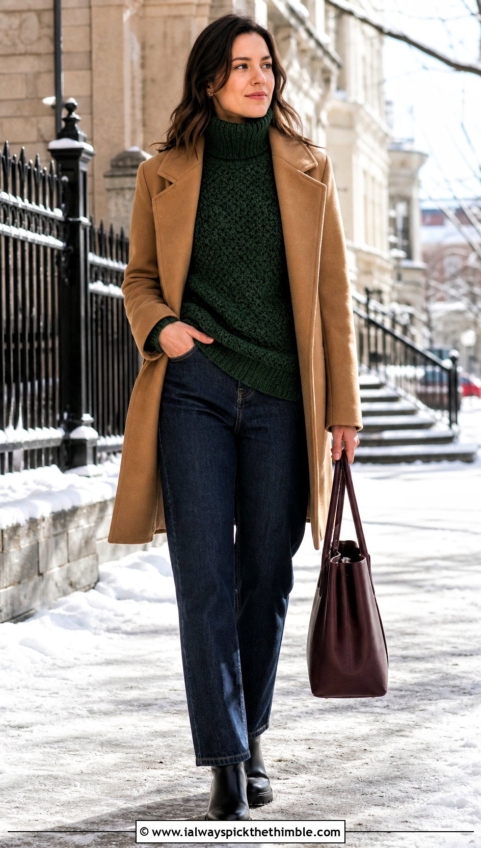Turtleneck Crochet Sweater With Wool Coat And Jeans - 20 Crochet Quick Sweater outfit ideas