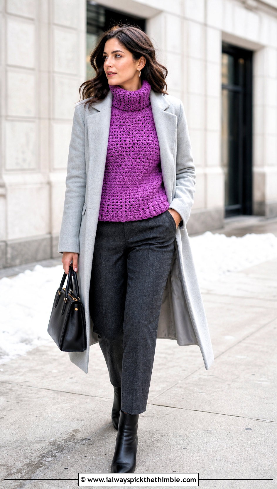 Turtleneck Crochet Sweater With Wool Coat - 25 crochet sweaters outfit ideas