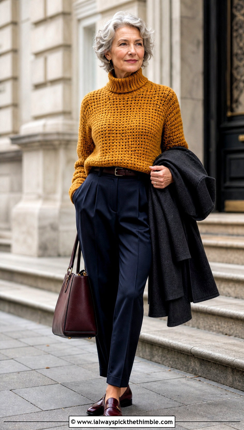 Turtleneck Crochet Sweater With Wool Trousers - 25 crochet sweater outfit ideas