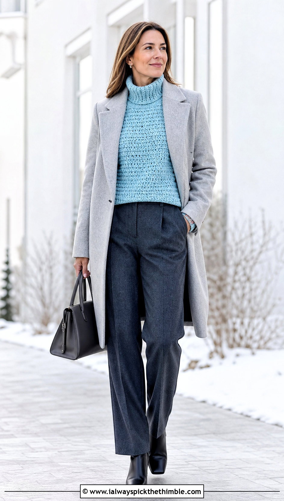 Turtleneck Crochet Sweater With a Tailored Coat - 20 Funky Crochet Sweater outfit ideas