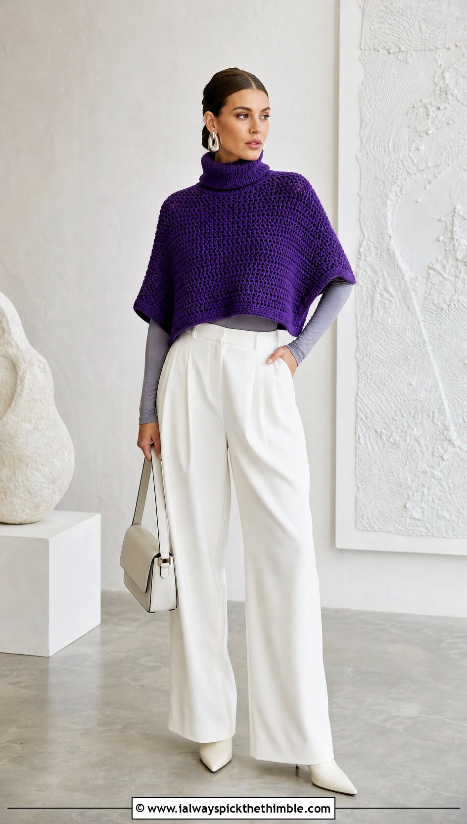 Turtleneck Crocheted Poncho With Wide Leg Trousers - 15 Crocheted Poncho outfit ideas