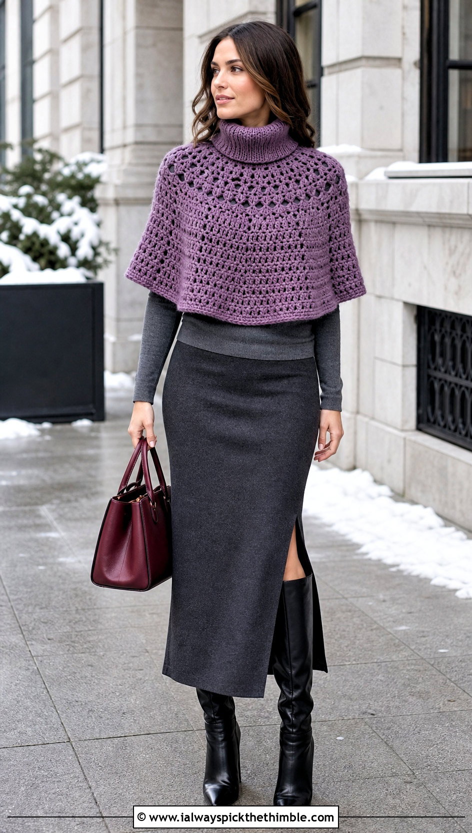 Turtleneck Cropped Crochet Poncho With Column Skirt - 20 Cropped Crochet Poncho outfit ideas