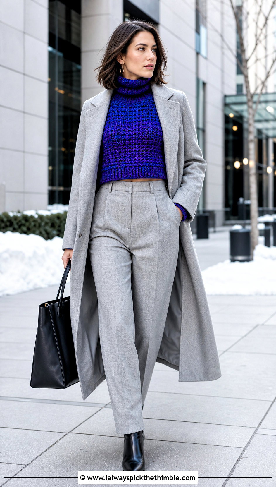 Turtleneck Cropped Crochet Sweater With Wool Trousers - 25 cropped crochet sweater outfit ideas