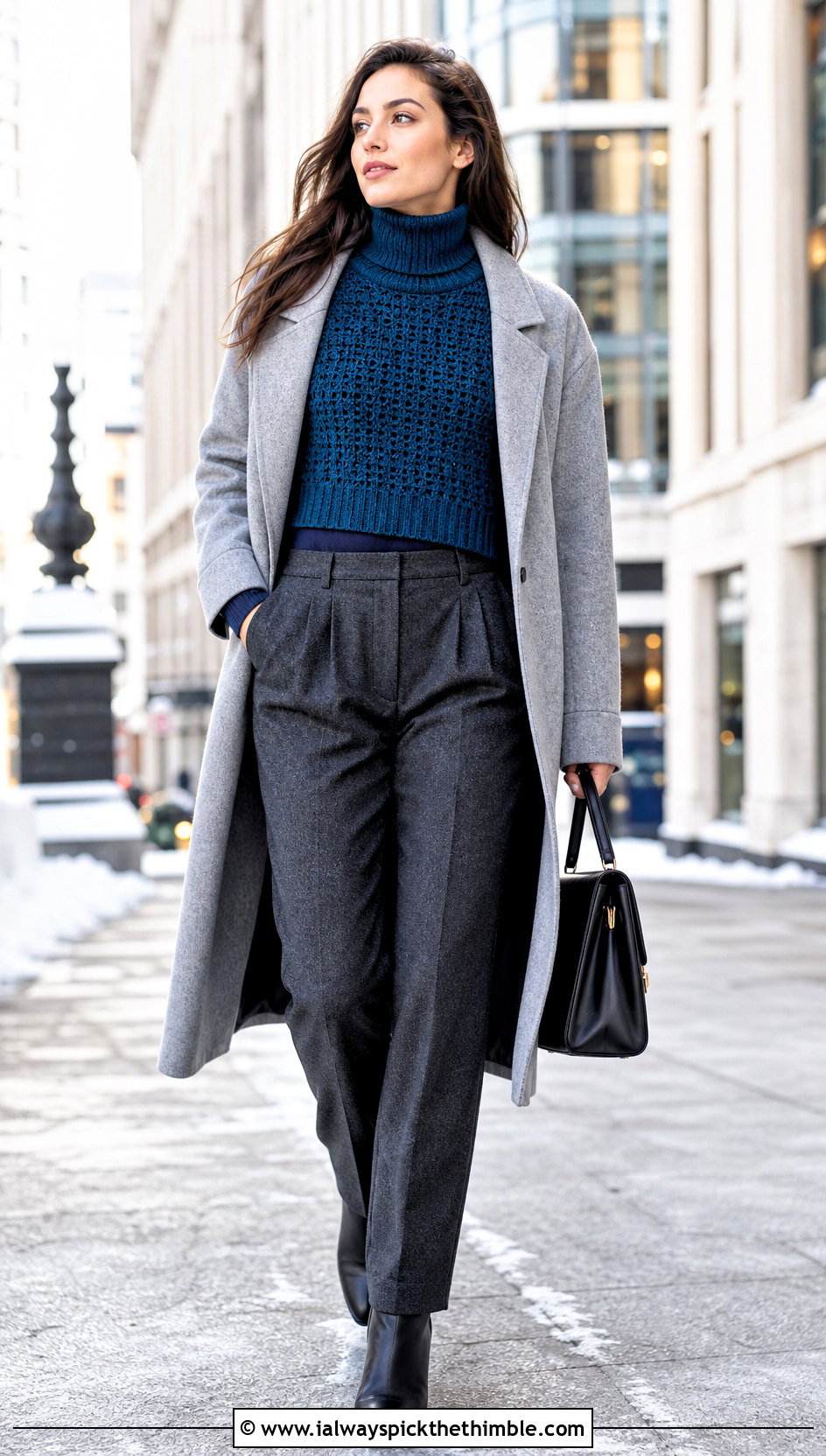 Turtleneck Cropped Crochet Sweater With Wool Trousers - 25 crop crochet sweater outfit ideas