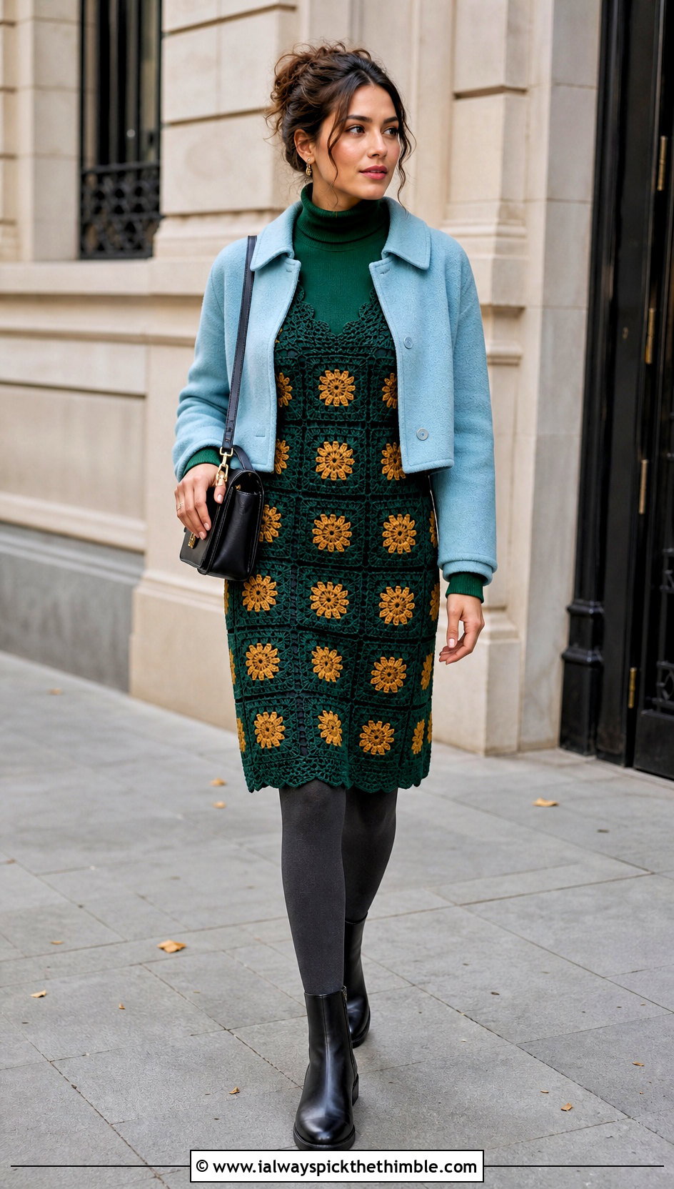 Turtleneck Granny Square Dress With Chelsea Boots - 25 granny square dress outfit ideas