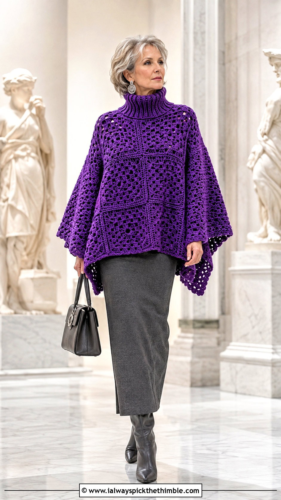 Turtleneck Granny Square Poncho With Column Skirt - 25 granny square poncho outfit ideas