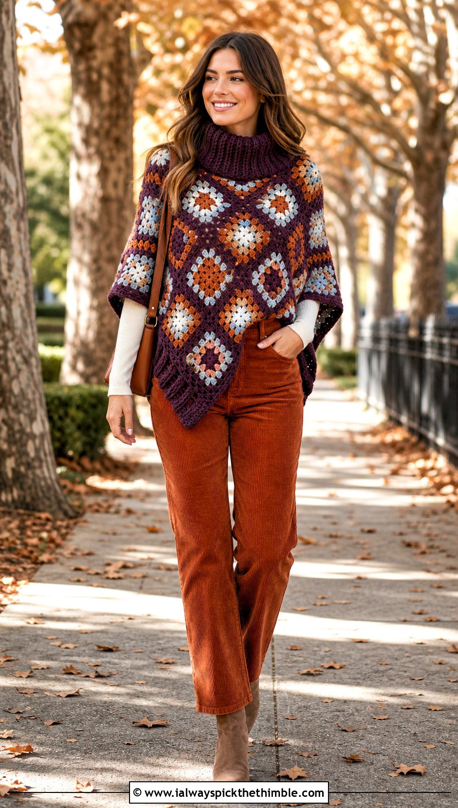 Turtleneck Granny Square Poncho With Corduroy Pants - 20 Granny Squares Poncho outfit ideas