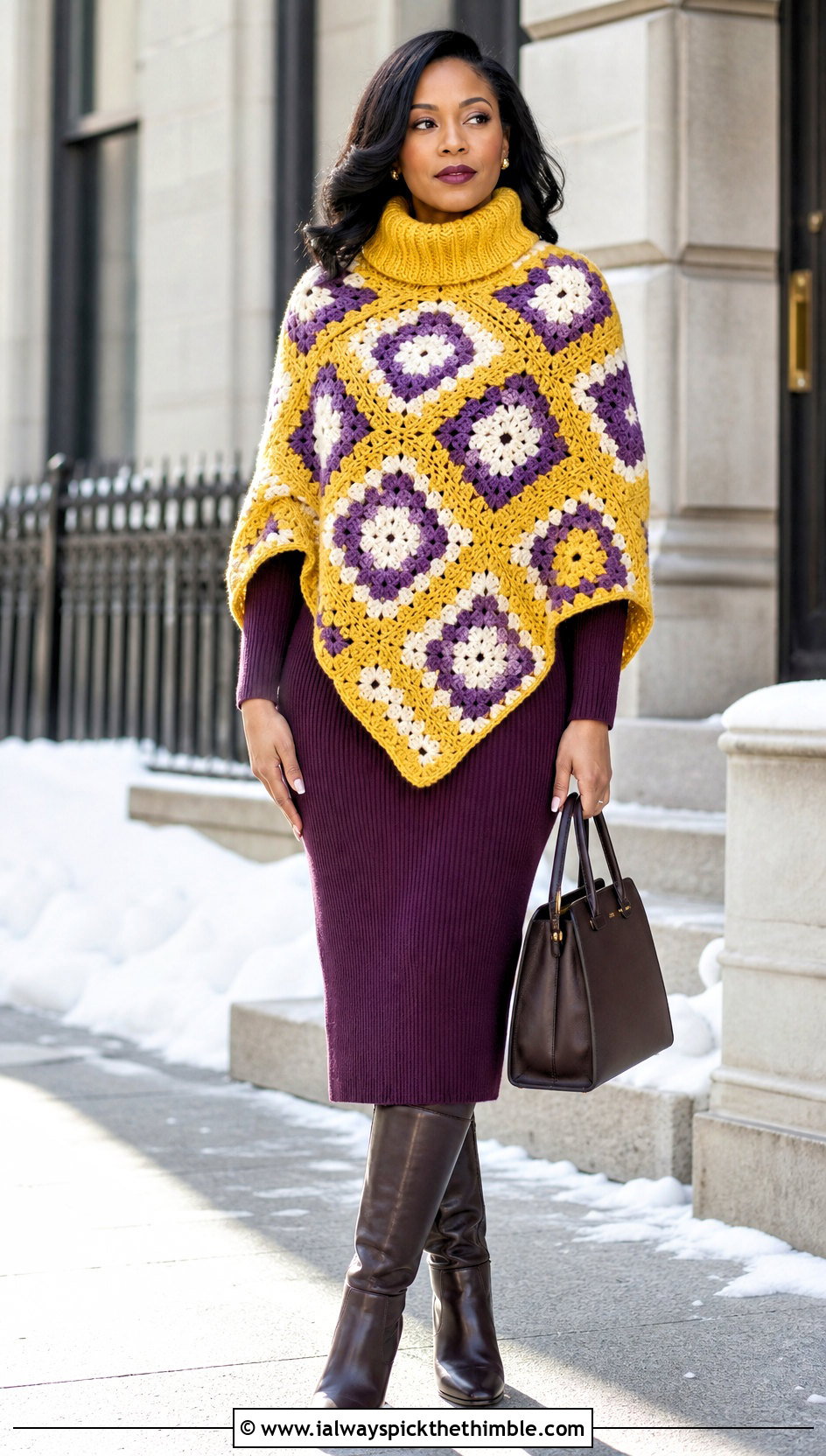 Turtleneck Granny Square Poncho With Knit Midi Dress - 25 crochet granny square poncho outfit ideas