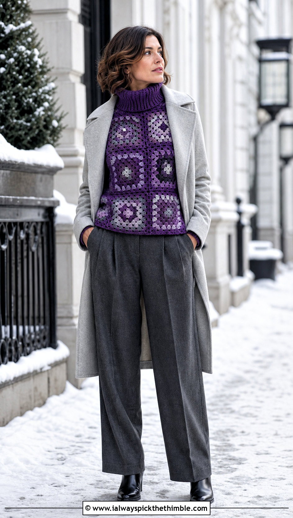 Turtleneck Granny Square Pullover Sweater With Wool Trousers - 25 Granny Square Pullover Sweater outfit ideas