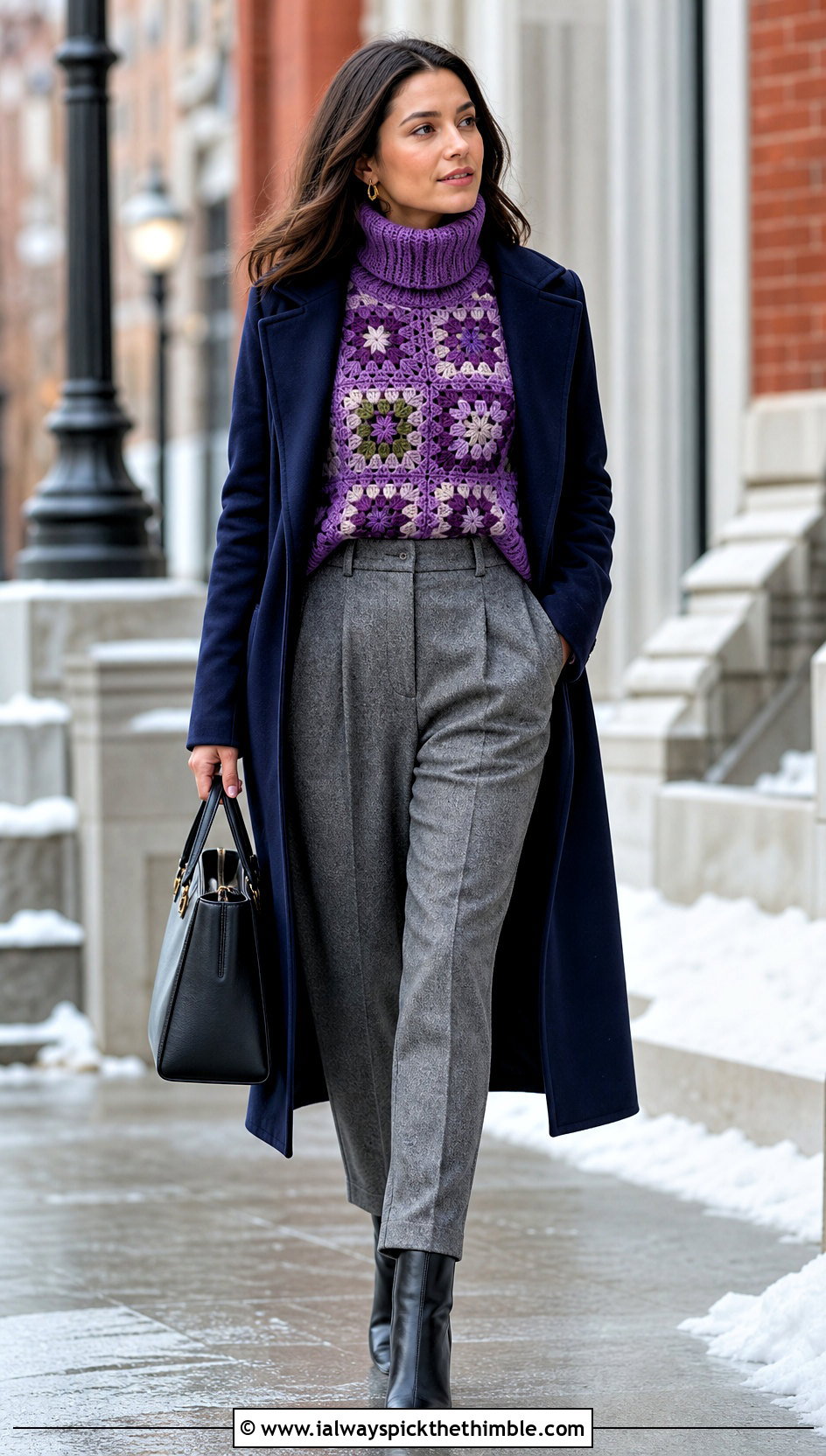 Turtleneck Granny Square Sweater With Wool Trousers - 25 4 Granny Square Sweater outfit ideas