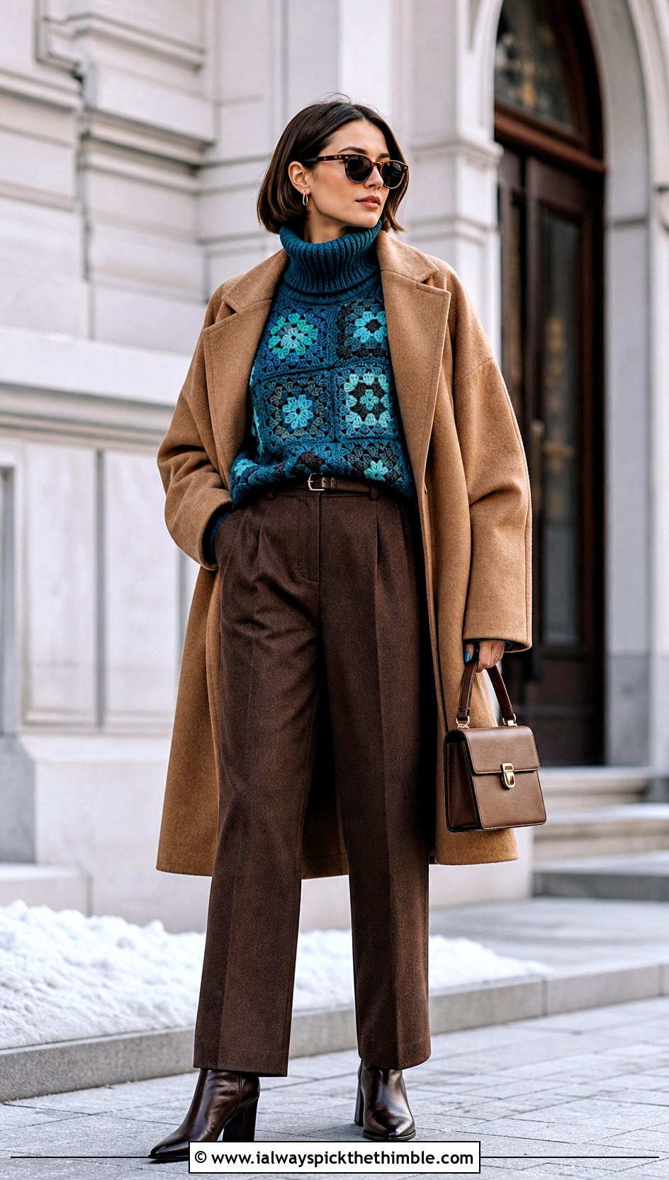 Turtleneck Granny Square Sweater With Wool Trousers - 20 oversized granny square sweater outfit ideas