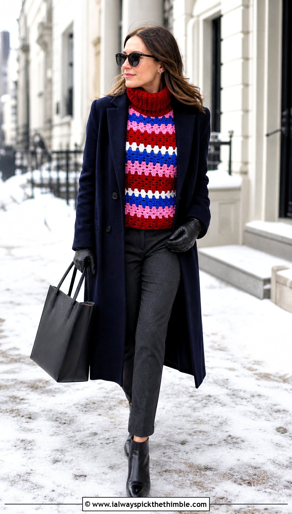 Turtleneck Granny Stripe Crochet Sweater With Wool Coat - 20 Granny Stripe Crochet Sweater outfit ideas