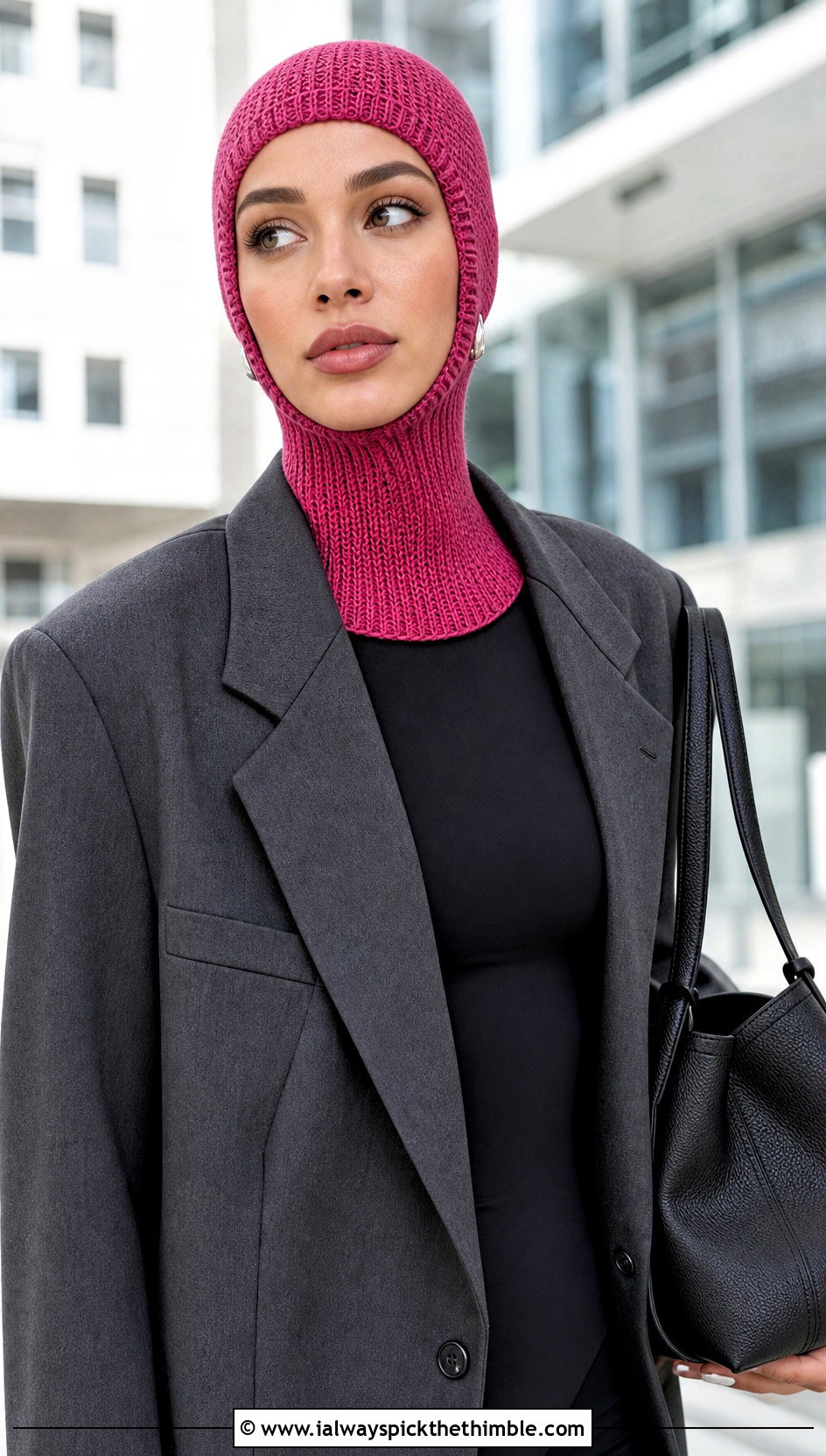 Turtleneck Helmet Balaclava With Office Blazer - 20 crochet helmet balaclava outfit ideas