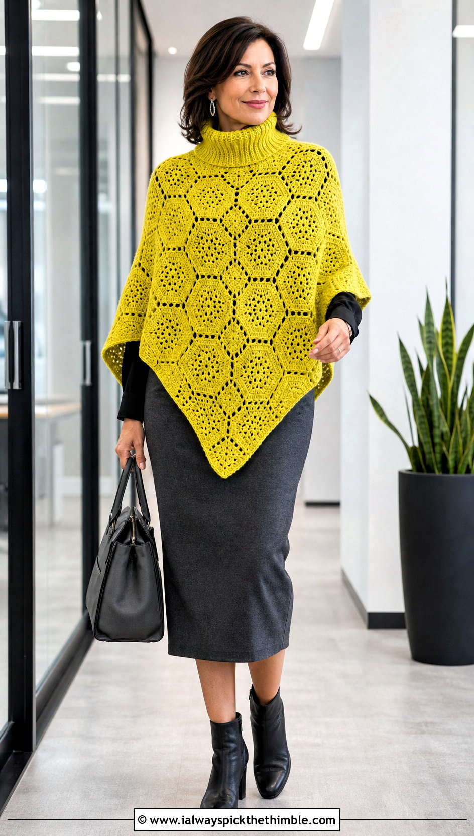 Turtleneck Hexagon Crochet Poncho With Pencil Skirt - 20 Hexagon Crochet Poncho outfit ideas