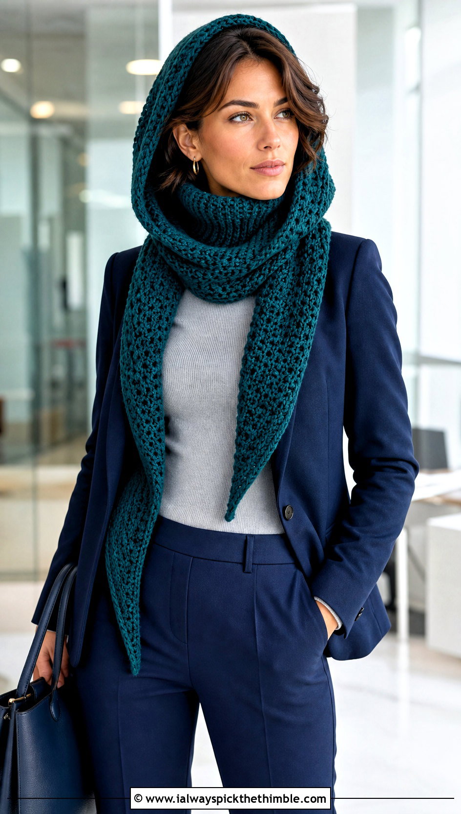 Turtleneck Hoodie Scarf With Blazer And Trousers - 20 Crochet Hoodie Scarf outfit ideas