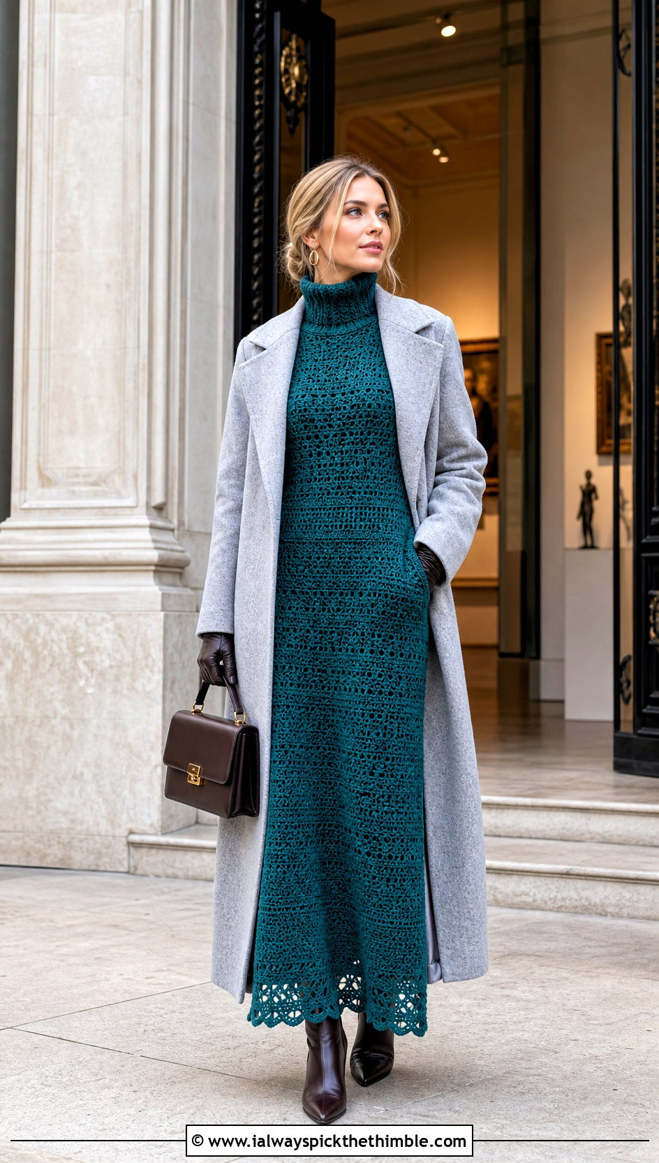 Turtleneck Maxi Crochet Winter Dress With Tailored Wool Coat - 25 crochet winter dress outfit ideas