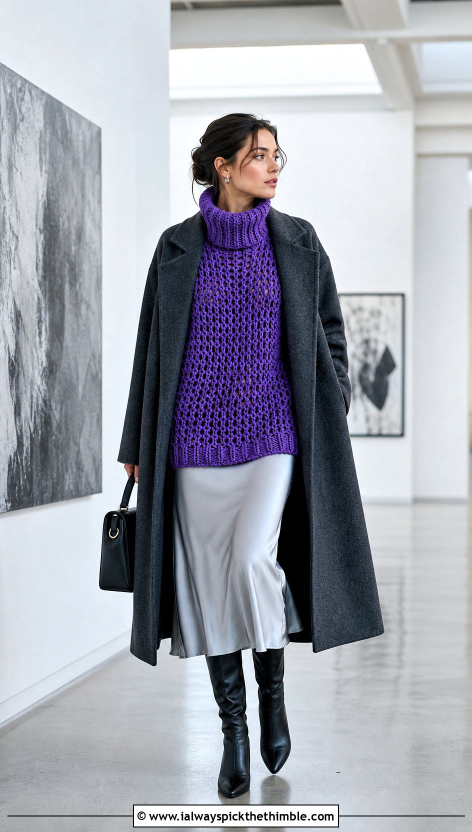 Turtleneck Oversized Crochet Sweater Over A Slip Dress - 15 Oversized Crochet Sweaters outfit ideas
