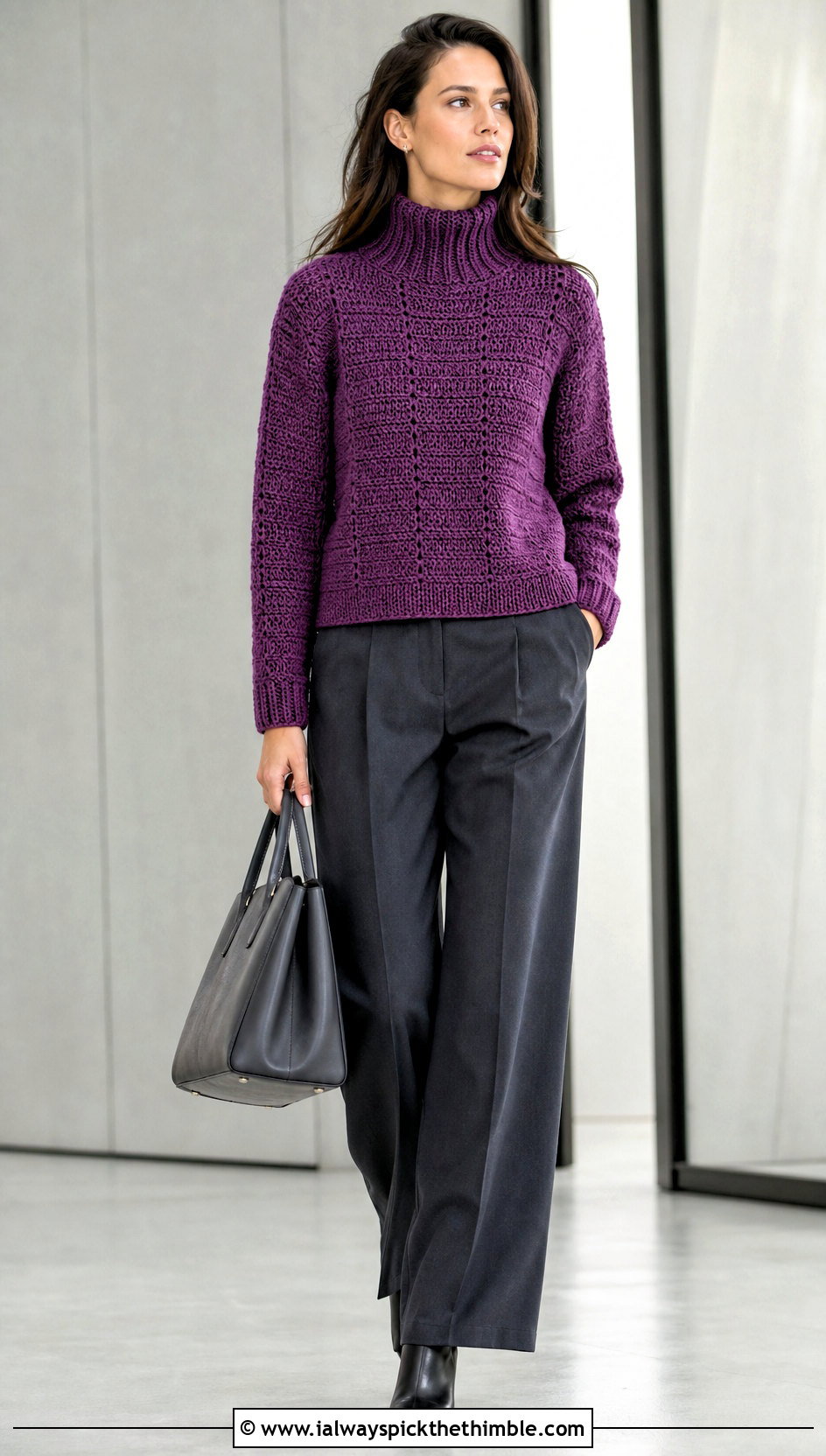 Turtleneck Panel Crochet Sweater With Tailored Trousers - 25 diy crochet sweater outfit ideas