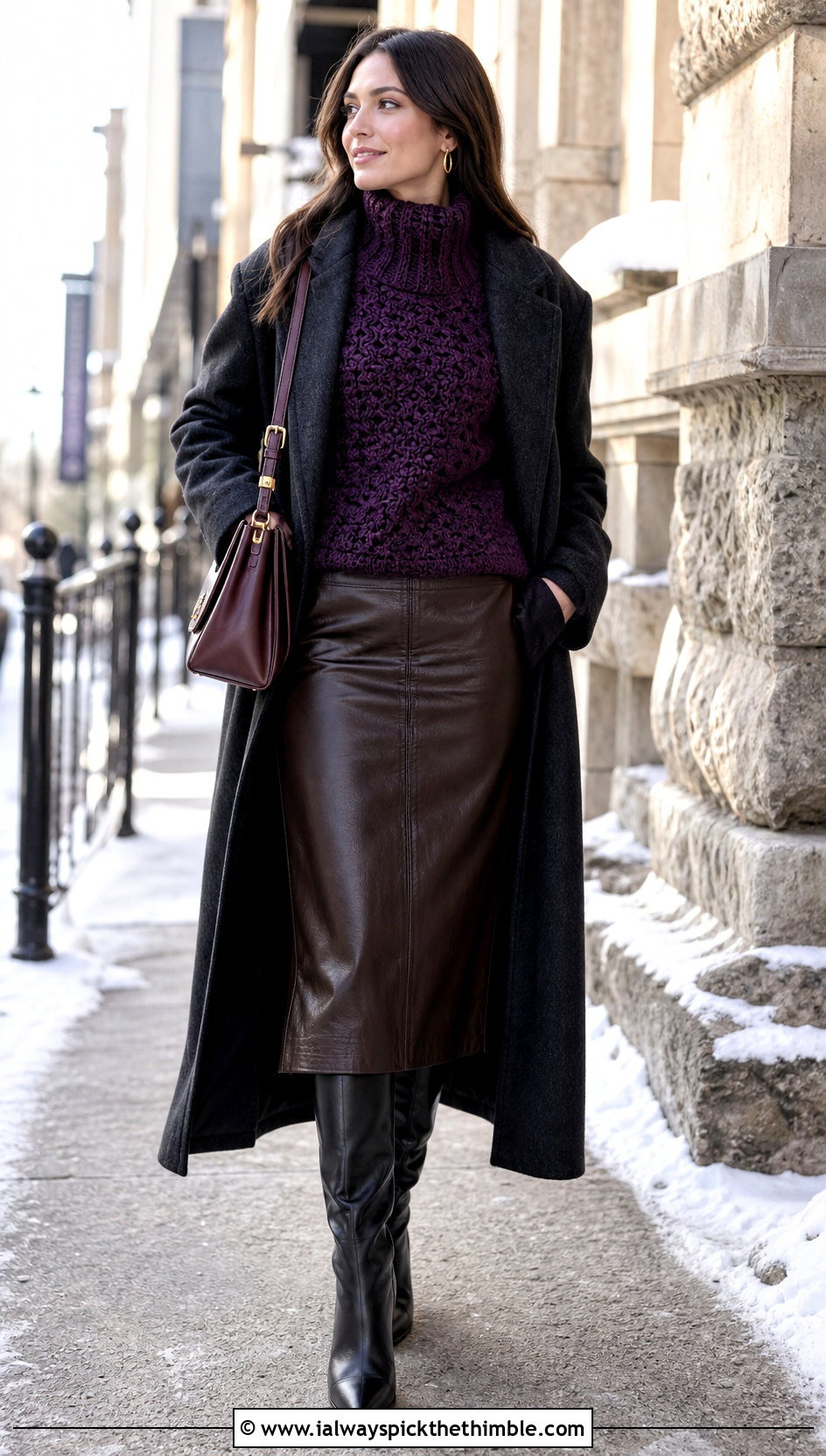 Turtleneck Purple Crochet Sweater With Leather Midi Skirt - 20 Crochet Purple Sweater outfit ideas