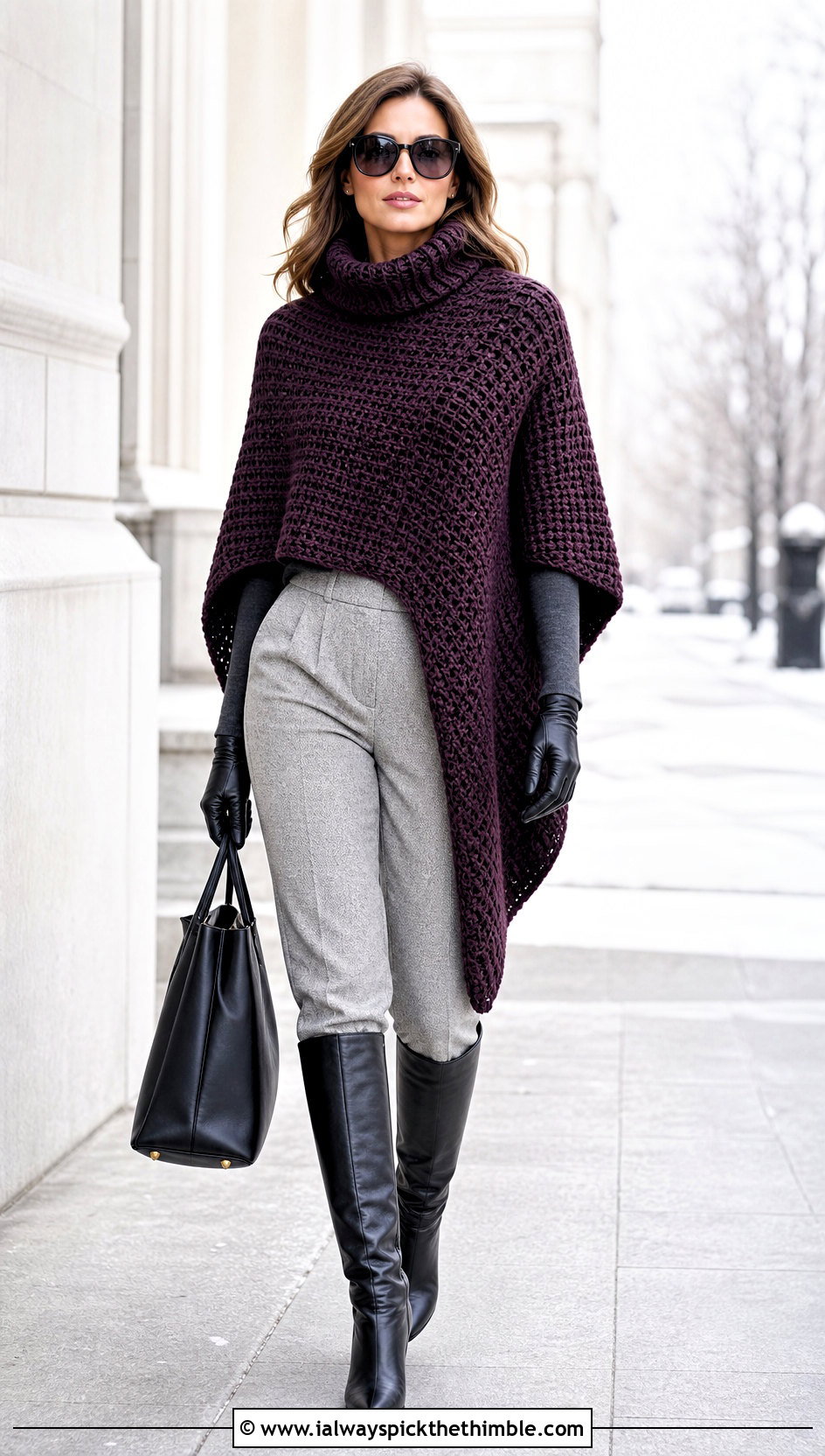 Turtleneck Rectangle Crochet Poncho With Wool Trousers - 15 Easy Crochet Poncho From A Rectangle outfit ideas