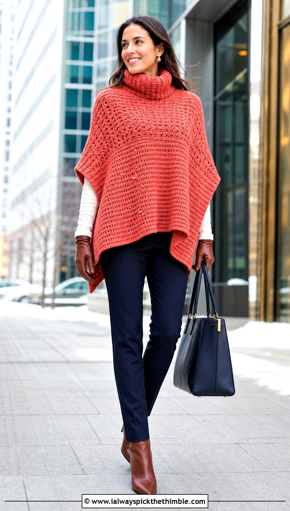 Turtleneck Rectangle Poncho With Slim Trousers - 20 crochet rectangle poncho outfit ideas